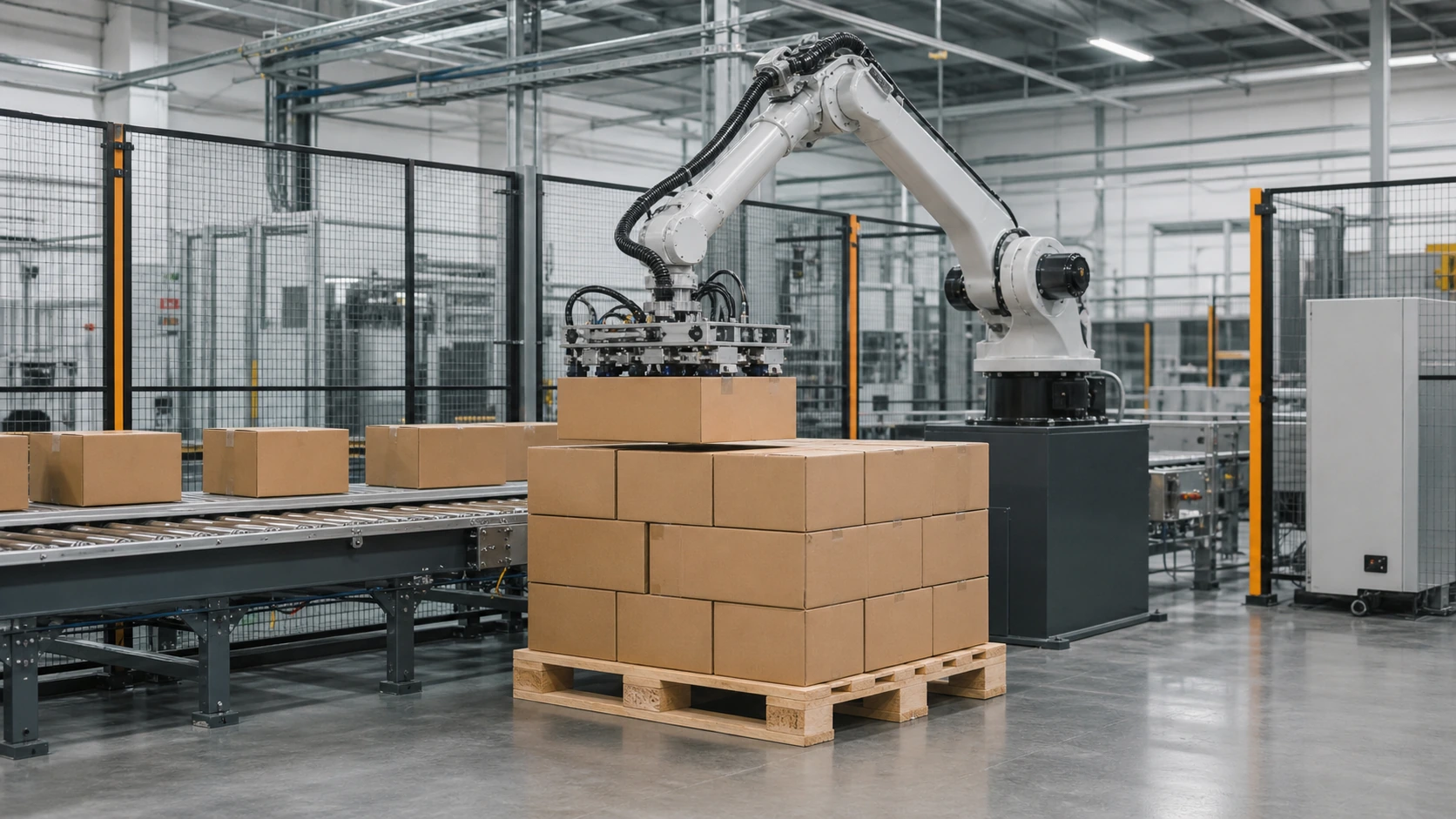 Concept visualization of an unbranded robotic palletizing cell stacking cartons