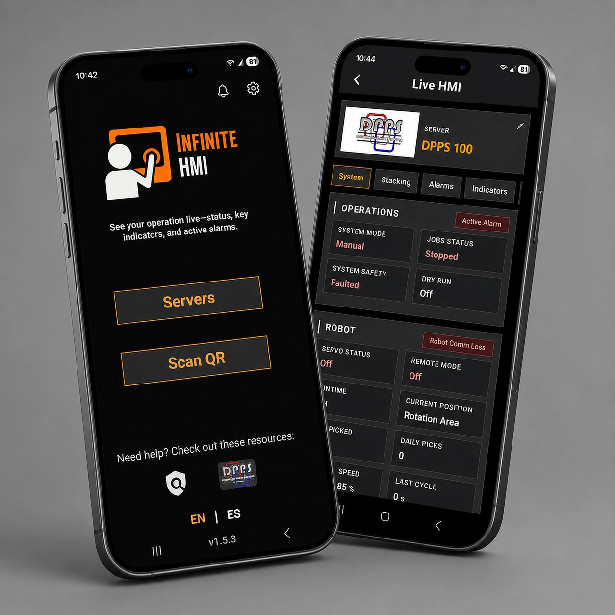 Infinite HMI Mobile home and live system status screens
