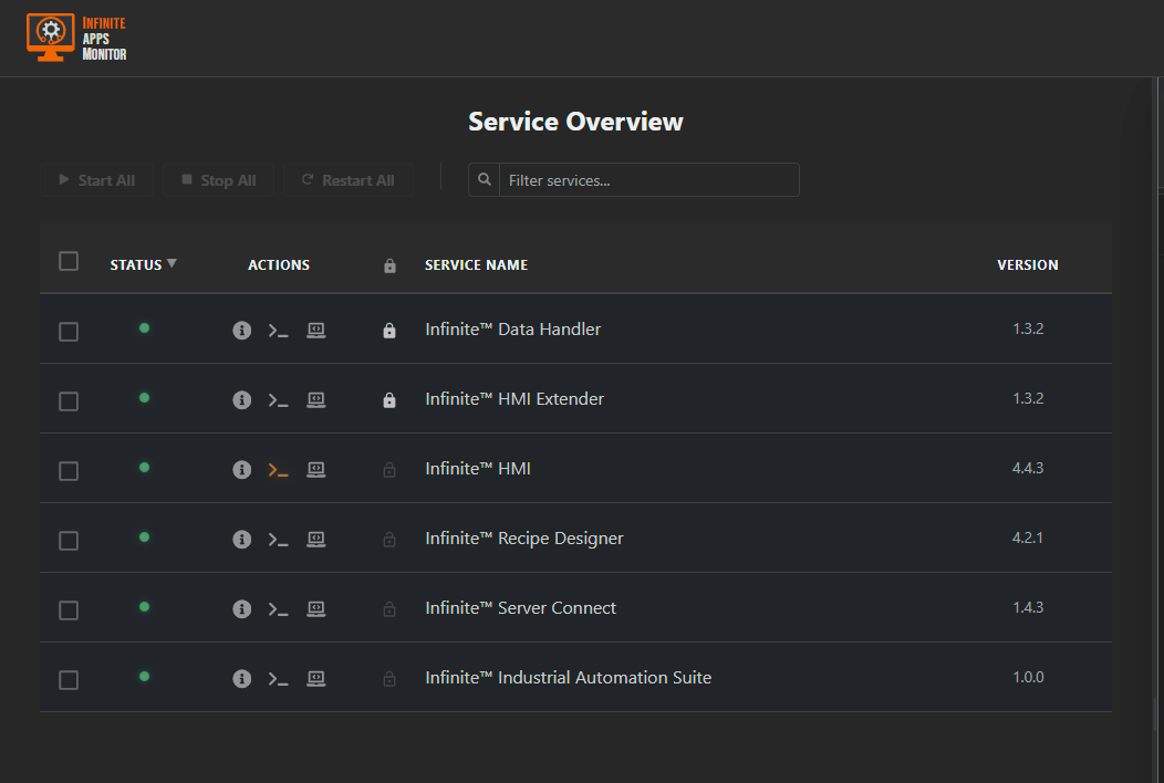Infinite Apps Monitor showing local services and their status