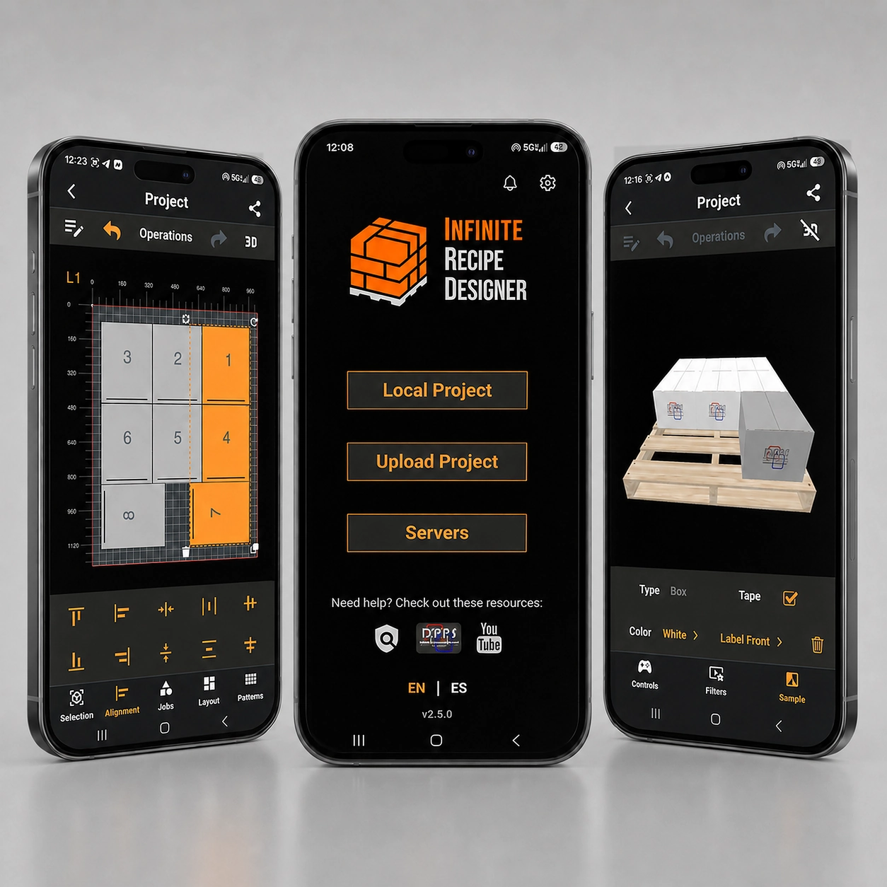 Infinite Recipe Designer Mobile project editing and pallet simulation screens