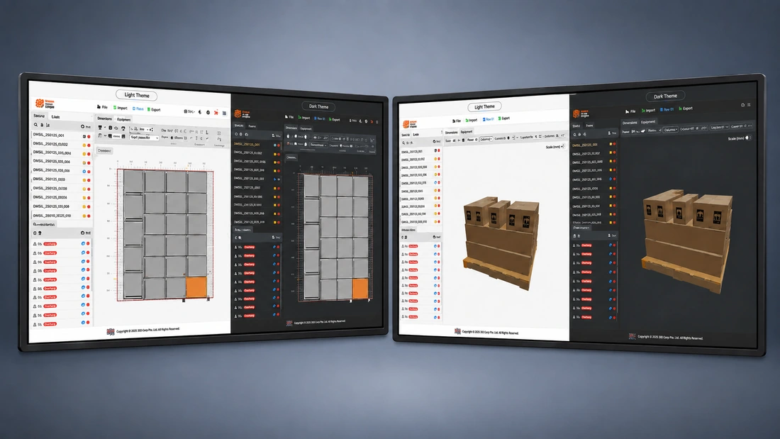 Infinite Recipe Designer work area and simulation shown in light and dark themes