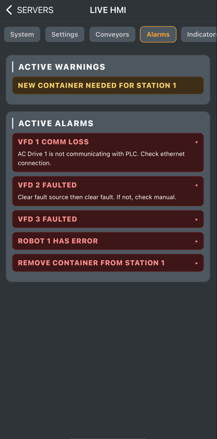 Alarms page sample