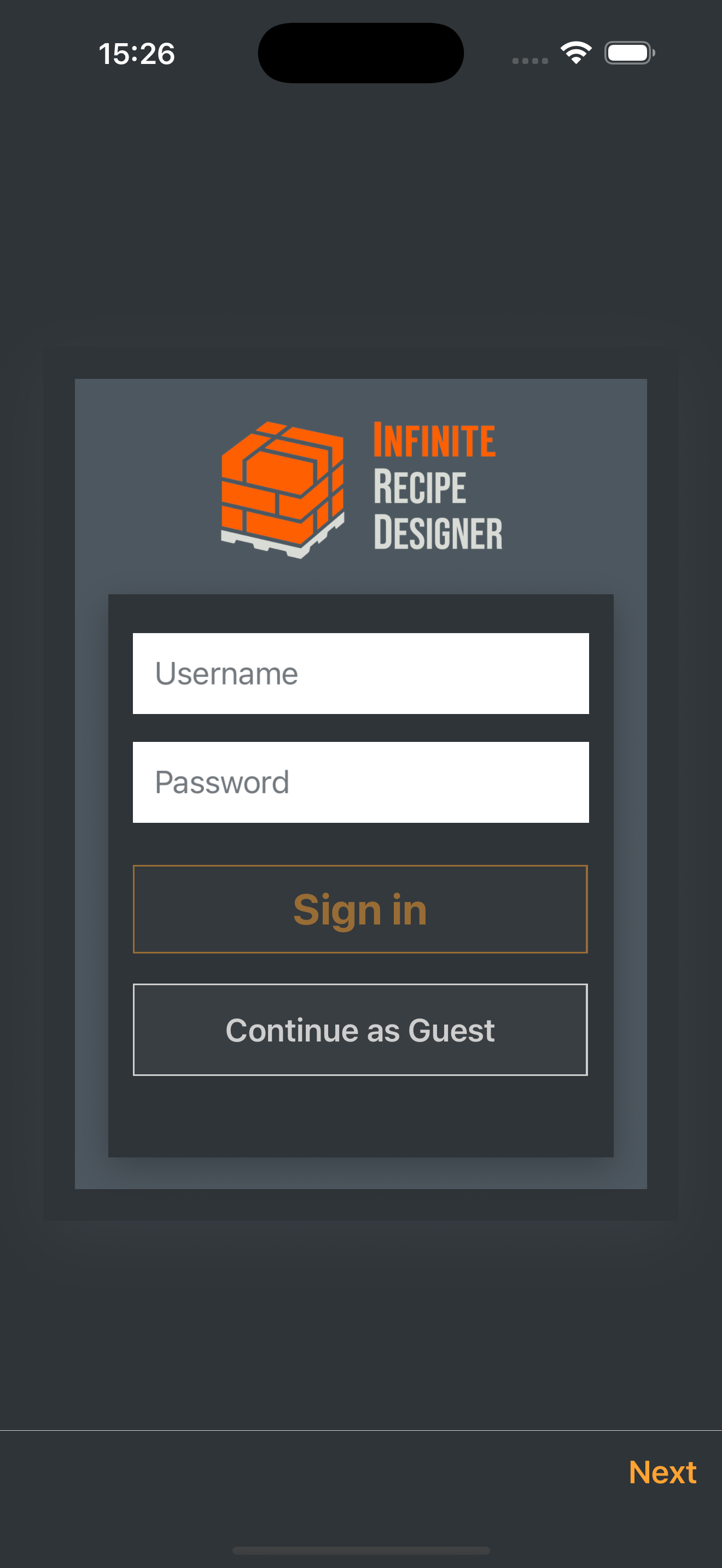 Login screen