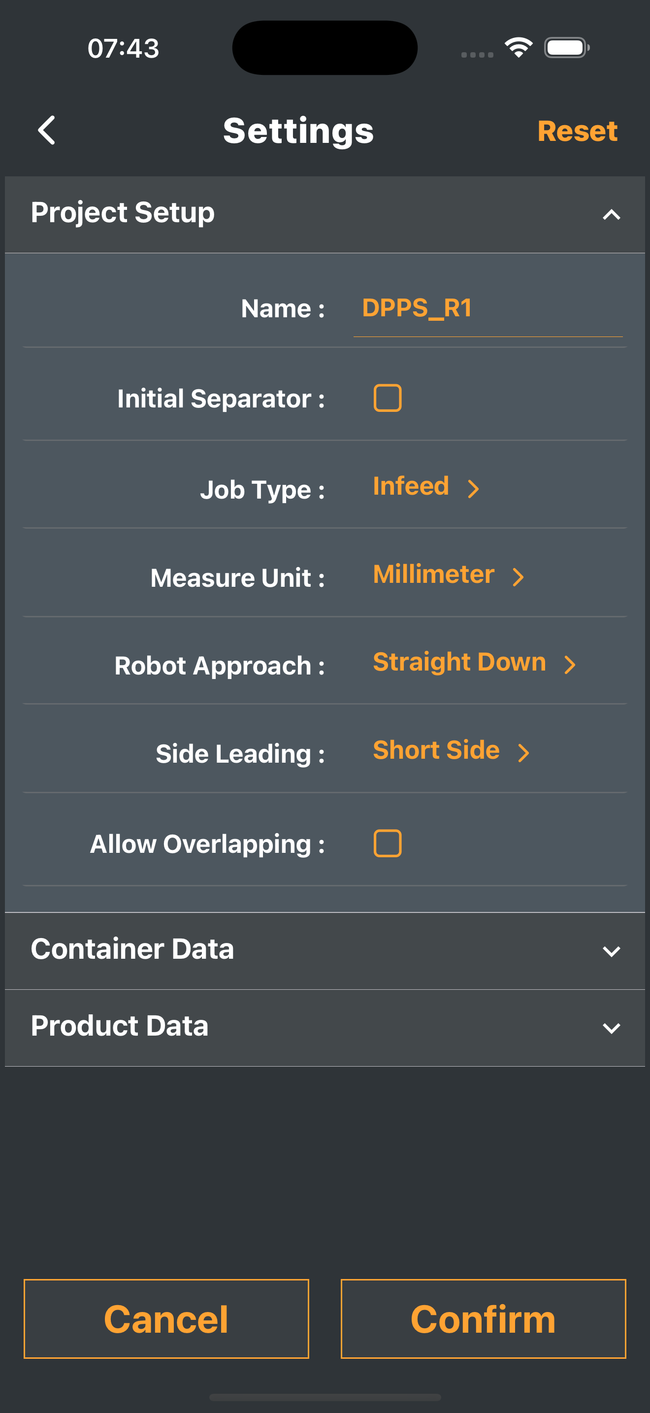Recipe settings screen